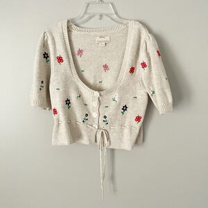 Urban Outfitters Size M Beige Floral Embroidered Knit Puff Sleeve Cardigan Boho